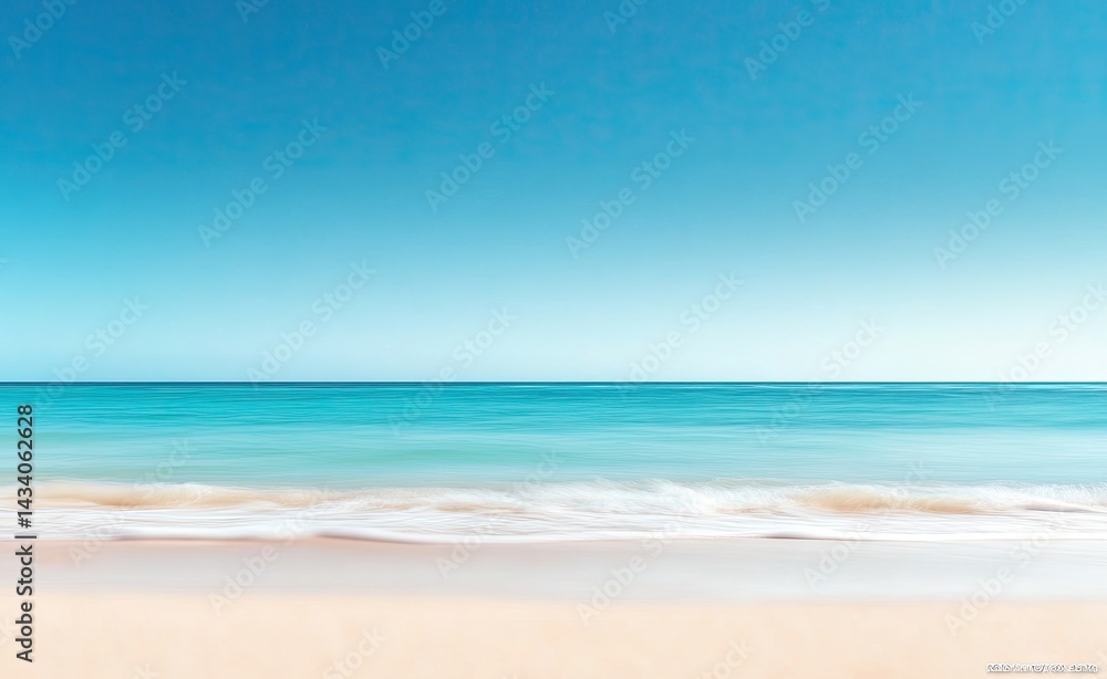 Obraz premium Serene beach landscape; soft sand, turquoise ocean, clear blue sky, calm waves