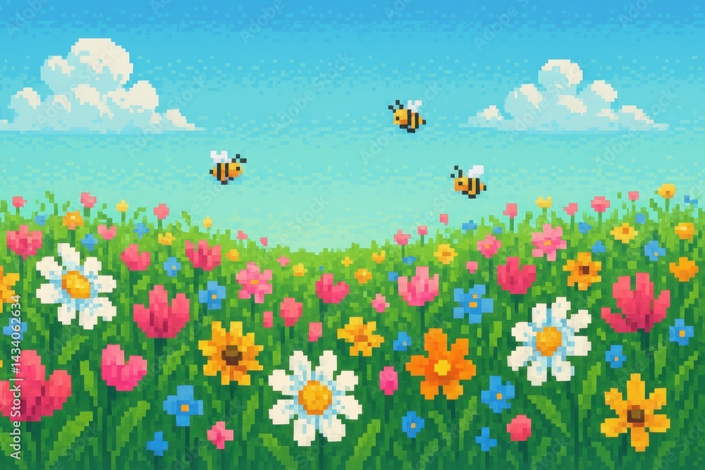 Spring Pixel Meadow with Bees: Vibrant Floral Design for Posters and Cards