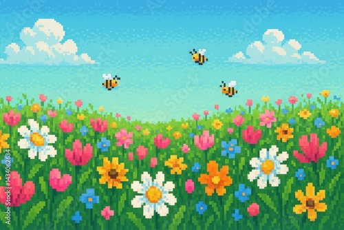 Obraz na płótnie Spring Pixel Meadow with Bees: Vibrant Floral Design for Posters and Cards w salonie