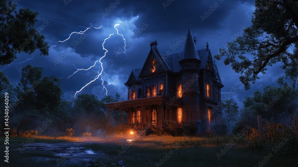Haunted house at night with lightning storm. Haunted house at night with lightning storm.