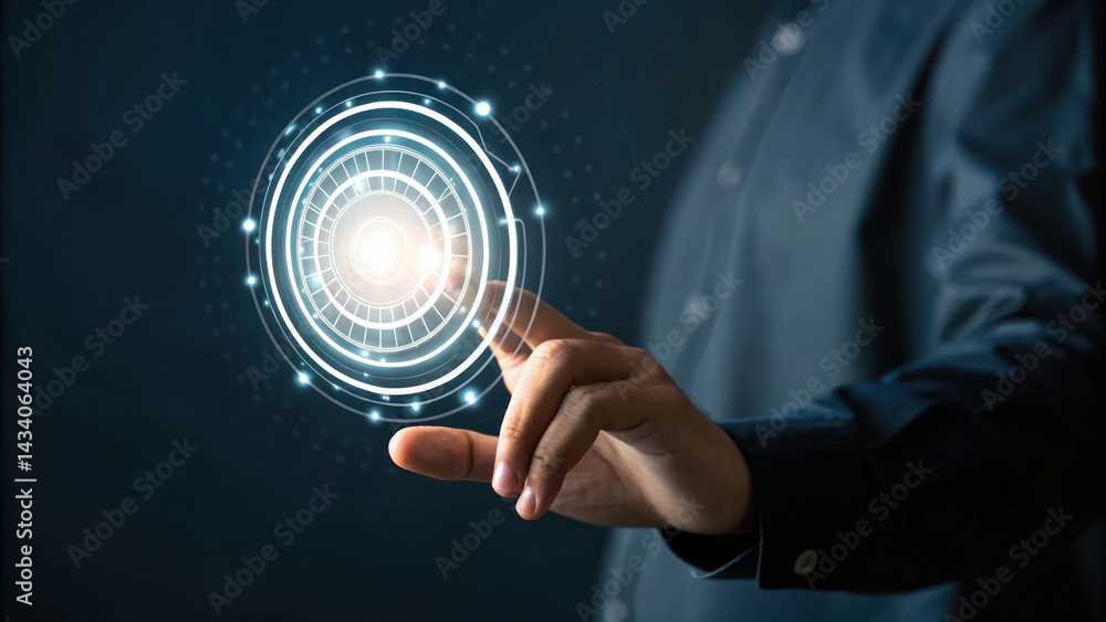 Person interacts with holographic interface, showcasing technology and innovation. hand reaches towards glowing circular Person interacts with holographic interface, showcasing technology and innovation. hand reaches towards glowing circular