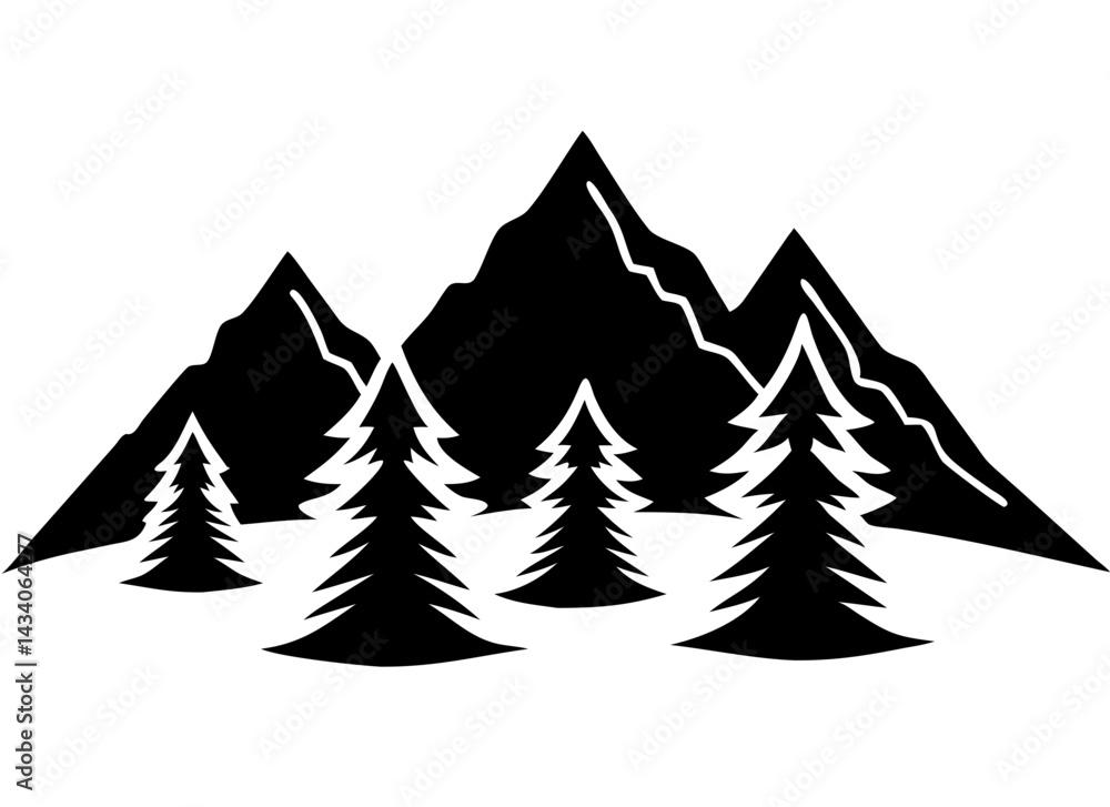 Obraz premium Creative Black Silhouette of Mountains and Fir Trees | Camping Adventure Wildlife Landscape Icon Vector Illustration