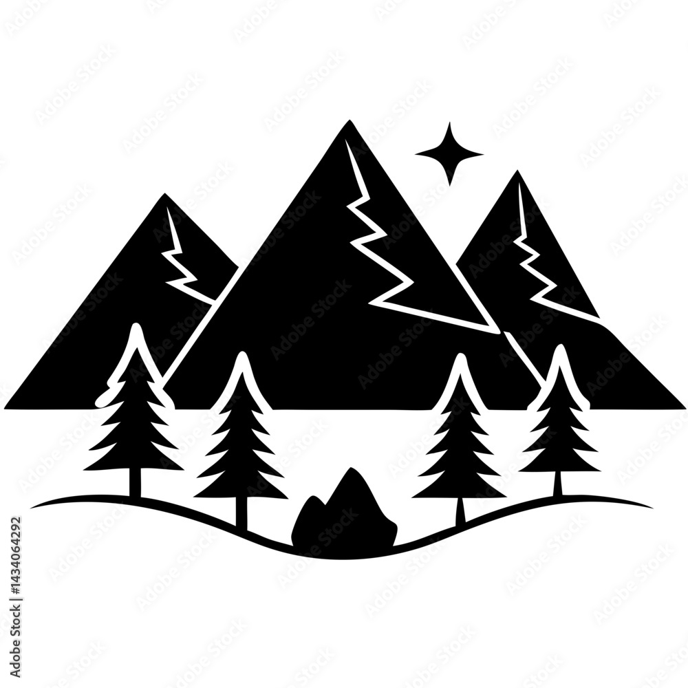 Obraz premium Creative Black Silhouette of Mountains and Fir Trees | Camping Adventure Wildlife Landscape Icon Vector Illustration