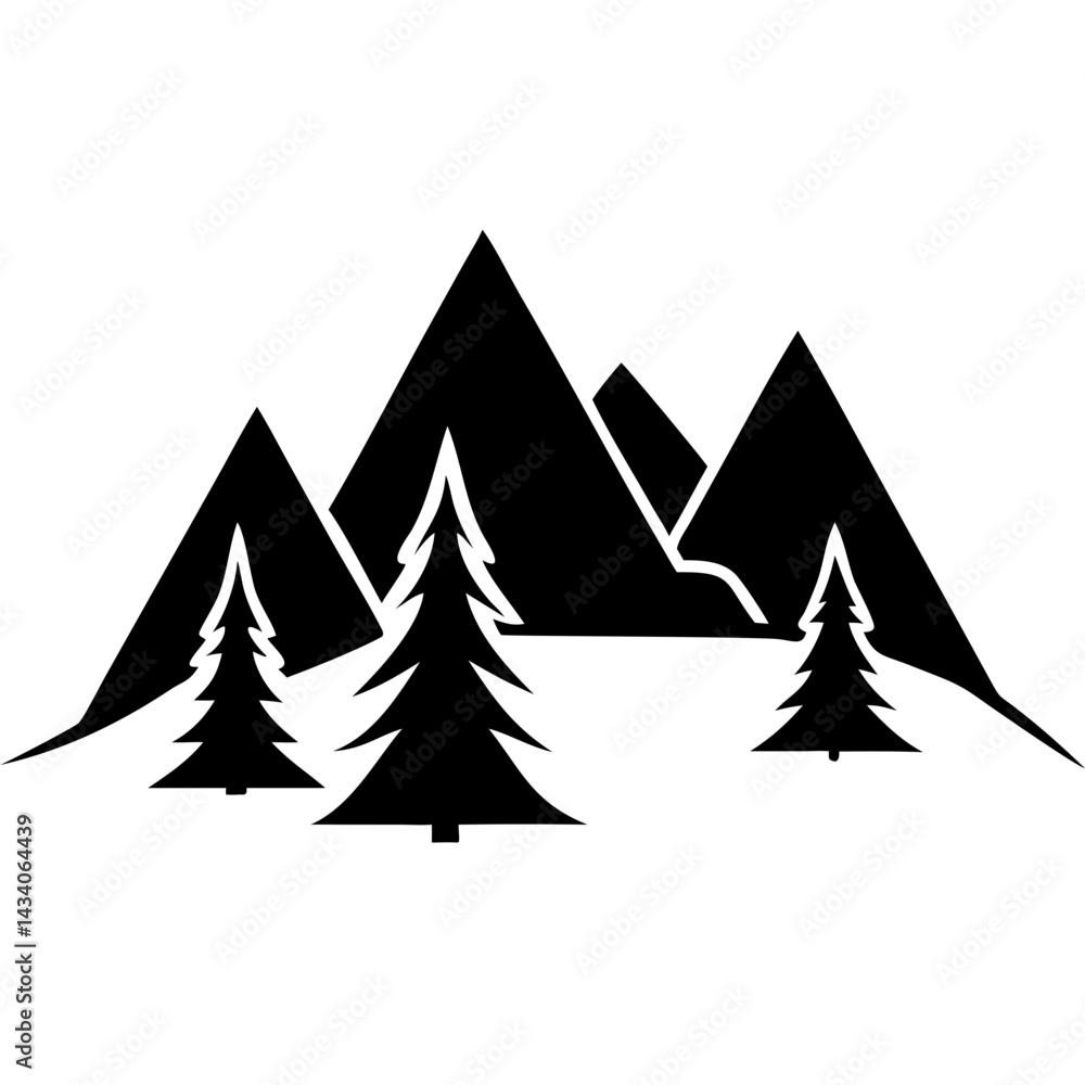 Obraz premium Creative Black Silhouette of Mountains and Fir Trees | Camping Adventure Wildlife Landscape Icon Vector Illustration