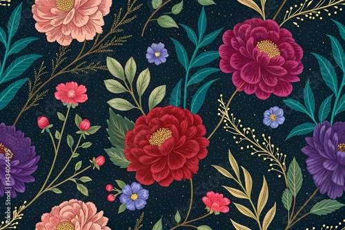 A vibrant floral pattern featuring large, detailed peonies in shades of pink, red, and purple, accented by smaller flowers and foliage.