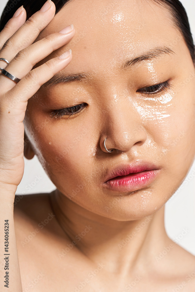 Obraz premium Glowing skin and serene expression of a young beautiful Asian woman in a calming beauty routine