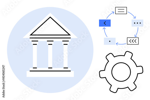 Bank building alongside circular workflow arrows and gear. Ideal for finance, process management, technology, automation, organization, innovation, teamwork themes. Flat simple metaphor