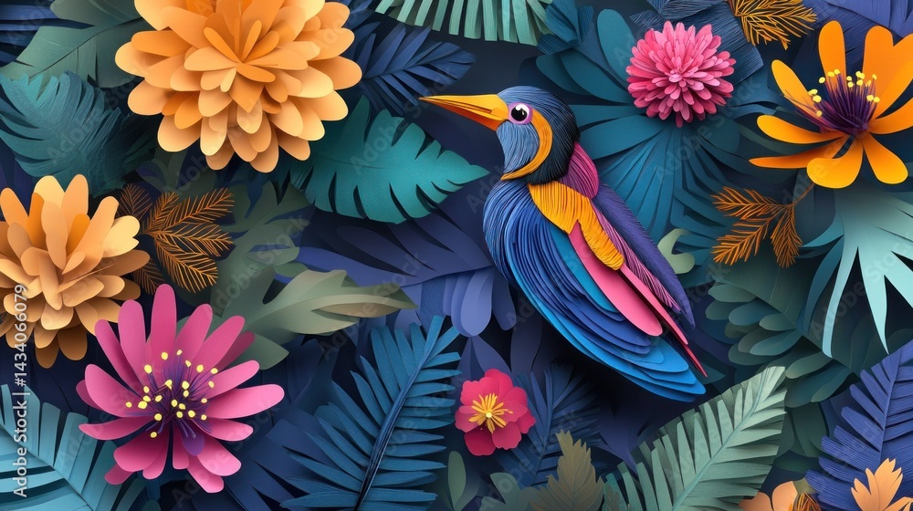 Vibrant paper art hummingbird amidst tropical flowers and leaves. Vibrant paper art hummingbird amidst tropical flowers and leaves.