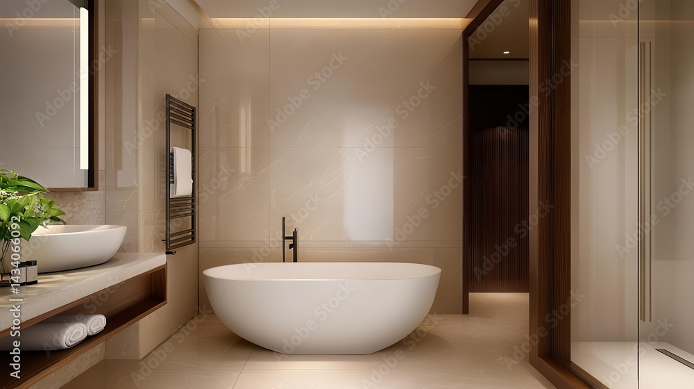 Luxury spa bathroom with soft neutral hues, a rainfall shower, and elegant freestanding tub design Luxury spa bathroom with soft neutral hues, a rainfall shower, and elegant freestanding tub design