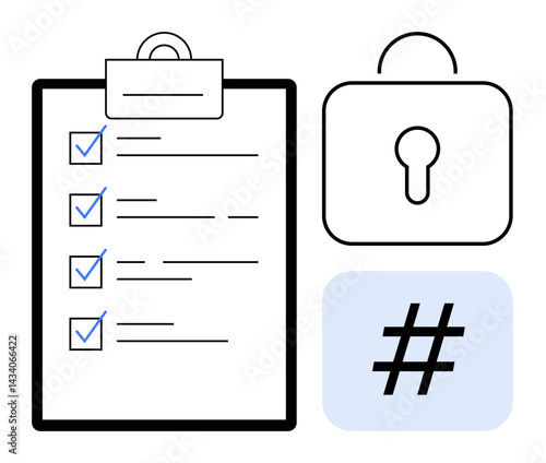 Clipboard with checklist alongside secured padlock and hash symbol in blue. Ideal for concepts thumbs up data security, organization, task management, authentication, coding, cybersecurity, simple