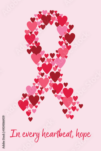 Breast cancer awareness ribbon made of pink hearts. Hope and love ribbon with pink and red hearts. Heartbeat of hope breast cancer awareness design