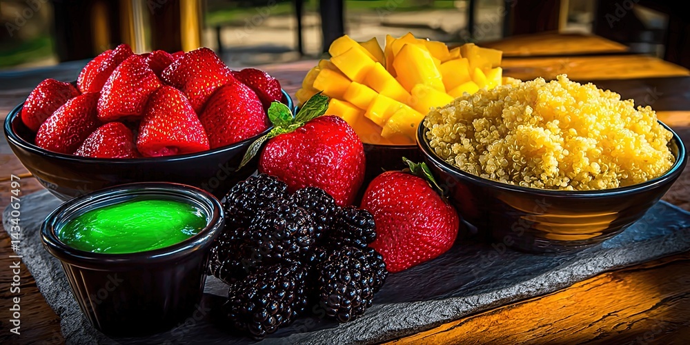Delicious Healthy Fruit Platter with Fresh Strawberries Juicy Mango Sweet Pineapple Blackberries and Vibrant Green Sauce for Refreshing Gourmet Dining Experience