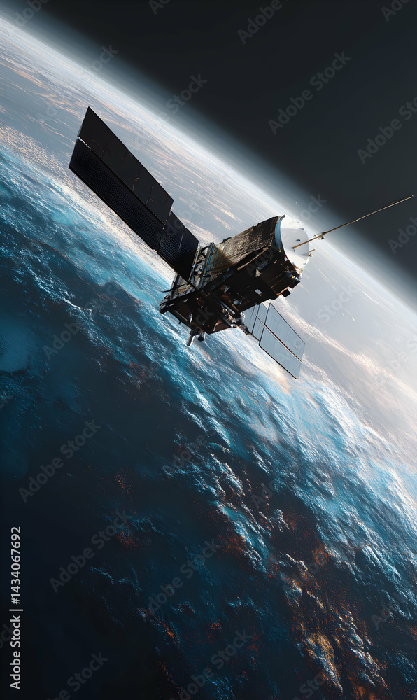 Satellite soaring above earth displaying the beauty of space travel and innovation systems Satellite soaring above earth displaying the beauty of space travel and innovation systems