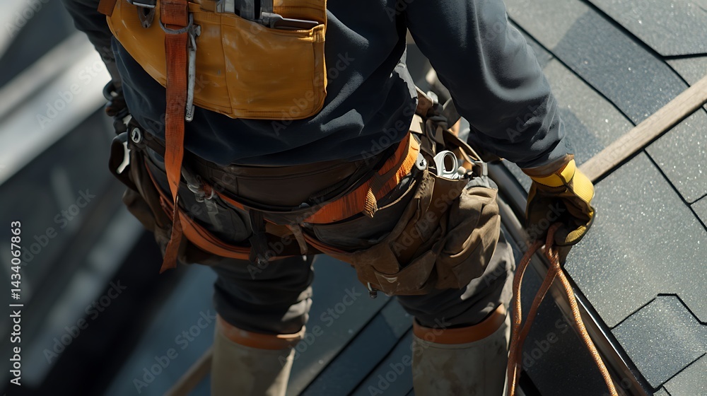 Construction Worker on Roof with Safety Harness