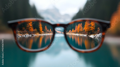 Autumnal Lake Reflection Viewed Through Brown Tortoise Shell Eyeglasses