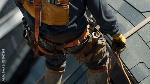 Obraz na płótnie Construction Worker on Roof with Safety Harness w salonie