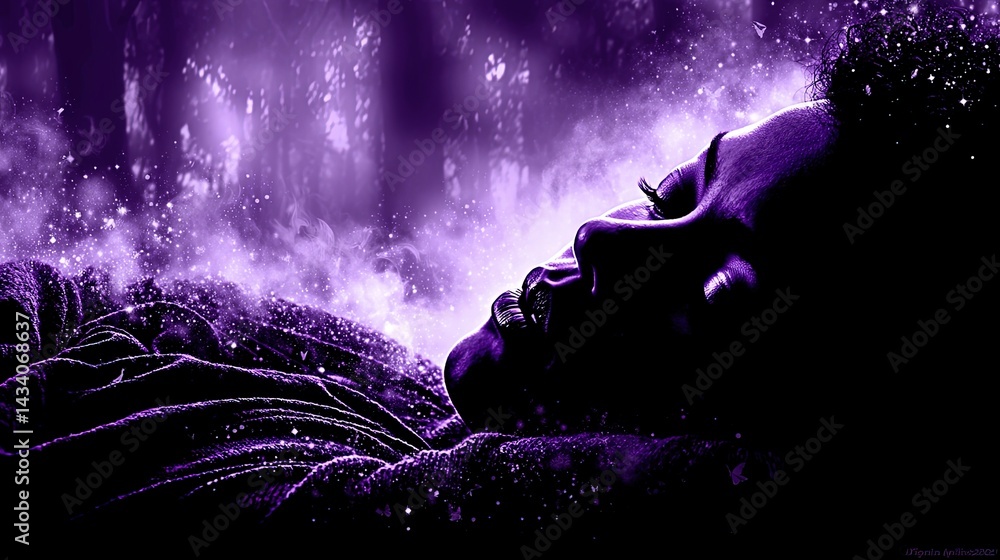 Mystical Dreamy Portrait of Woman Sleeping in Magical Purple Glow with Sparkling Stars Fantasy Enchanted Nighttime Mysticism Nature and Spiritual Tranquility Background