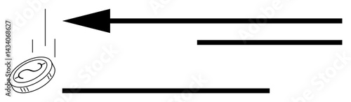 Coin descending vertically next to bold arrows pointing horizontally. Ideal for finance, investment, strategy, direction, movement, momentum, progress. Clean flat simple metaphor