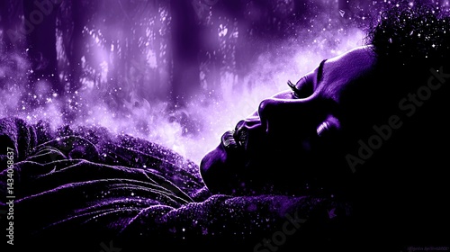 Obraz na płótnie Mystical Dreamy Portrait of Woman Sleeping in Magical Purple Glow with Sparkling Stars Fantasy Enchanted Nighttime Mysticism Nature and Spiritual Tranquility Background w salonie