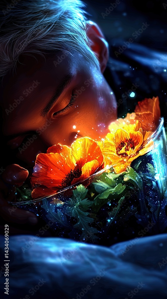Enchanting Dreamlike Image of Person with Glowing Flowers Magical Mystical Surreal Fantasy Art Digital Illustration Vibrant Colors Elegant Deep Connection to Nature