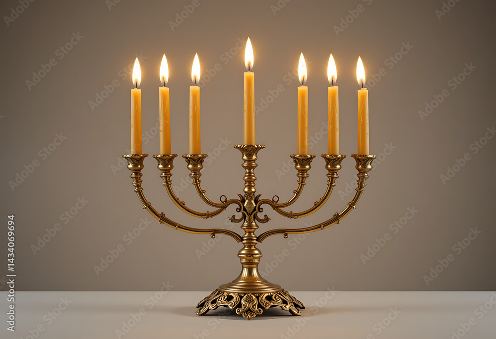 Brass Menorah with Eight Lit Candles - Hanukkah Religious Symbol Brass Menorah with Eight Lit Candles - Hanukkah Religious Symbol