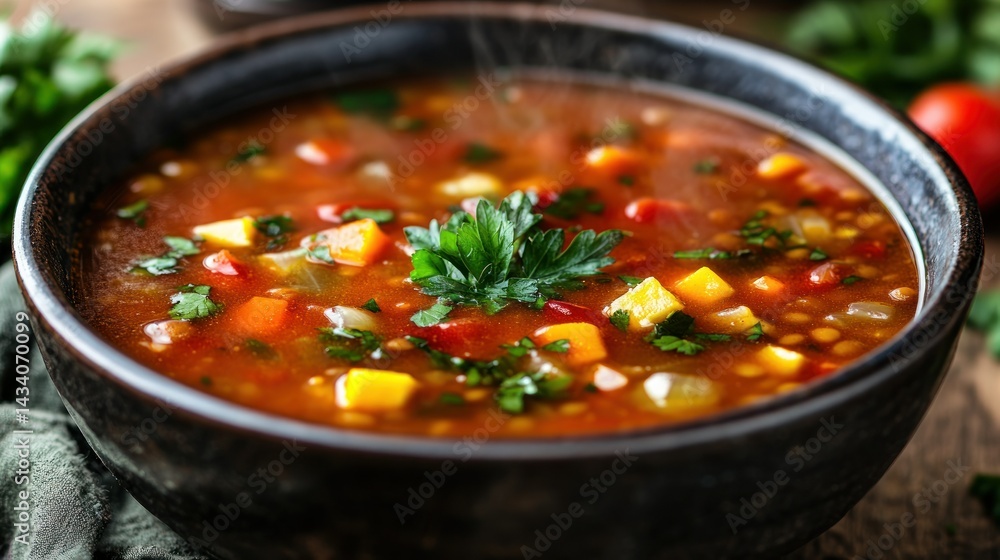 Hearty lentil soup steaming in a bowl Hearty lentil soup steaming in a bowl