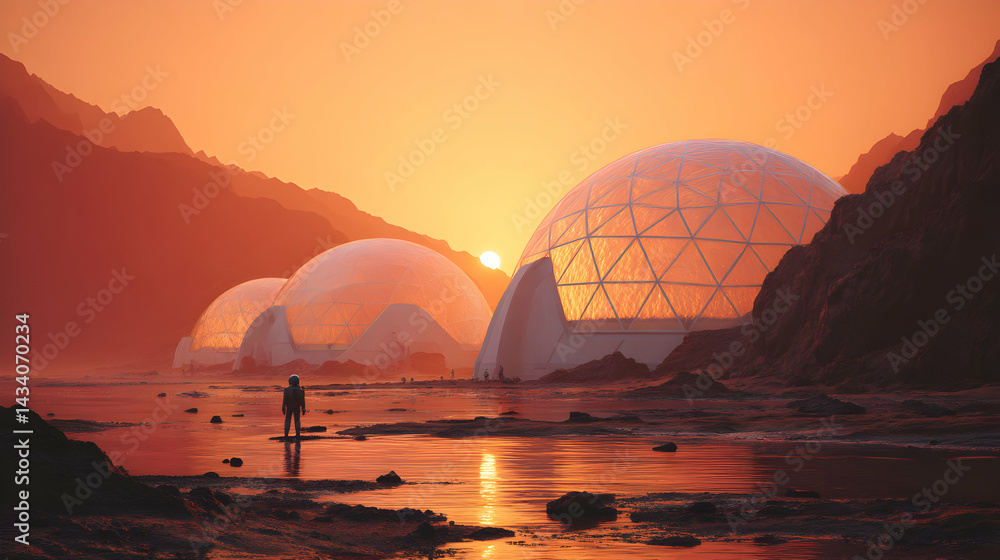 Obraz premium Exploring the alien landscape orange sunset on a distant planet with unique biosphere domes and astronaut