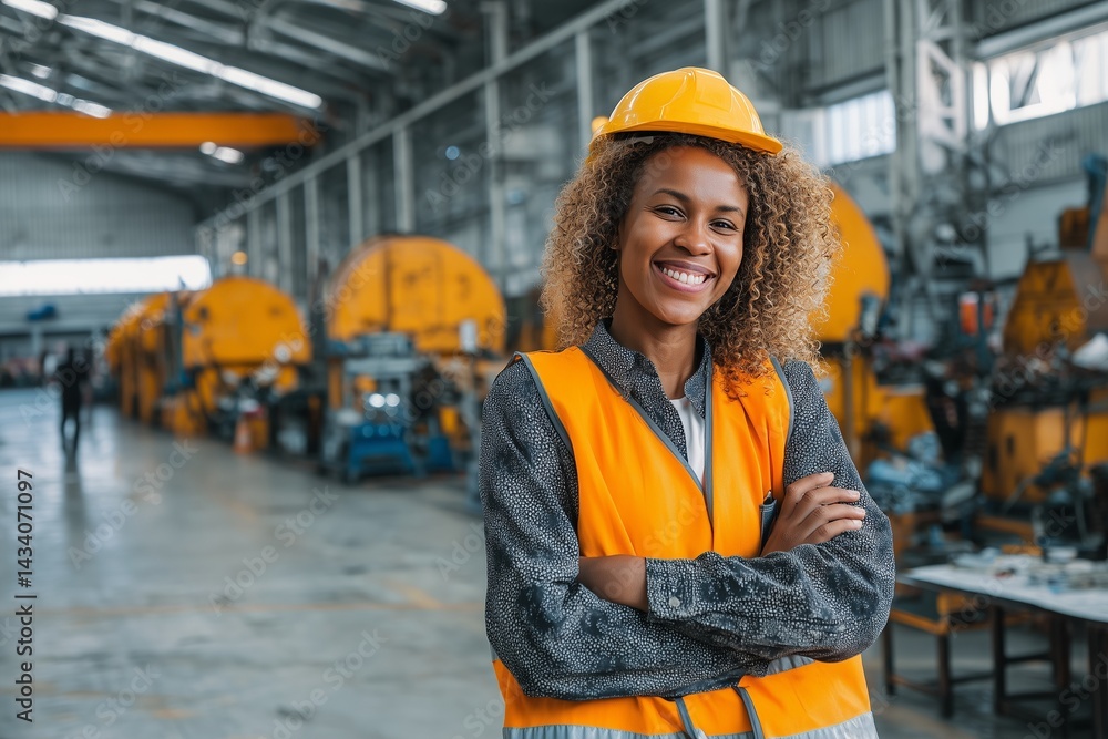 African American female, engineer smiling while working in heavy industry factory, happy labor worker representing good welfare and workplace satisfaction. African American female, engineer smiling while working in heavy industry factory, happy labor worker representing good welfare and workplace satisfaction.