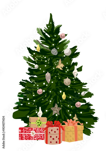 Christmas tree flat vector illustration. Wrapped presents near green spruce decorated with toys. Winter holidays design element. Traditional Xmas celebration symbol.