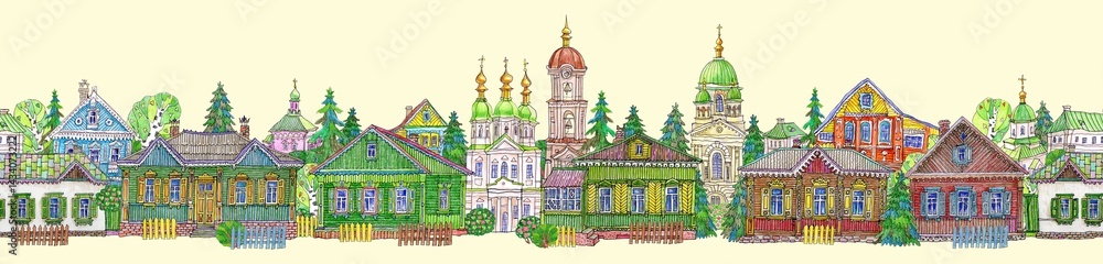 Fototapeta premium Seamless border pattern of fairy tale wooden houses street, churches, trees. Hand drawn pencils sketch on a beige background