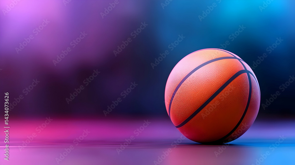 Orange Basketball on Dark Abstract Background with Purple and Blue Lighting Orange Basketball on Dark Abstract Background with Purple and Blue Lighting