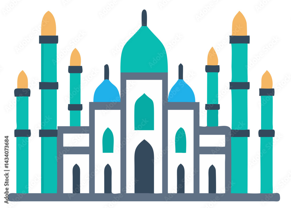 Clean vector artwork showing six Taj Mahals in a unique color scheme and minimalist style on white. Clean vector artwork showing six Taj Mahals in a unique color scheme and minimalist style on white.