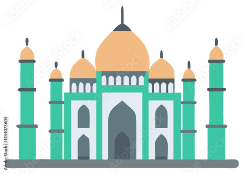 Crisp line illustration of six Taj Mahal monuments in contemporary green and brown tones on white background.