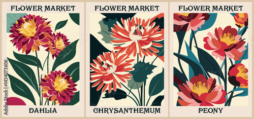 Set of abstract Flower Market posters. Trendy botanical wall arts with autumn flowers, Chrysanthemum, Dahlia, Peony. Modern naive groovy funky interior decorations, paintings. Vector art illustration