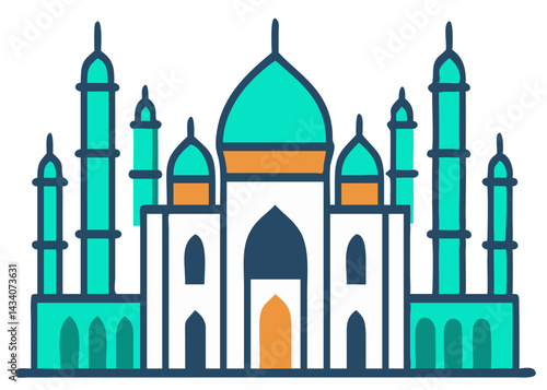 Crisp line illustration of six Taj Mahal monuments in contemporary green and brown tones on white background.