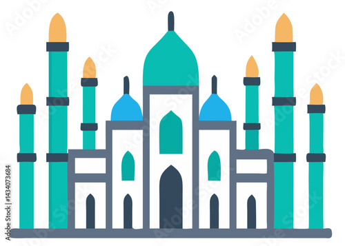 Clean vector artwork showing six Taj Mahals in a unique color scheme and minimalist style on white.