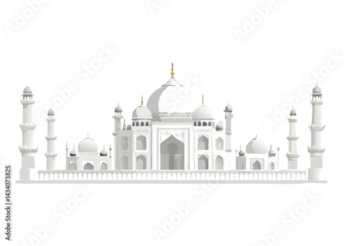 Minimal vector illustration of six Taj Mahal monuments with green domes on white background. Perfect for cultural, travel, or educational designs.


