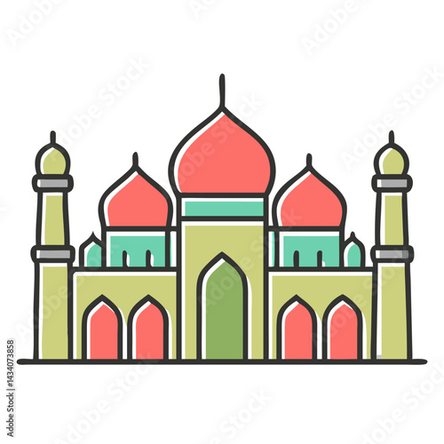 Six Taj Mahal vector illustrations with flat design, brown outlines, and green domes. Ideal for digital, editorial, and print.
