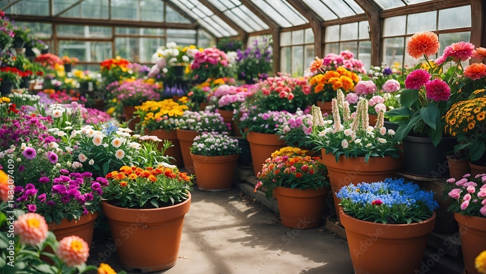Obraz premium Sun-drenched greenhouse filled with vibrant blooming flowers