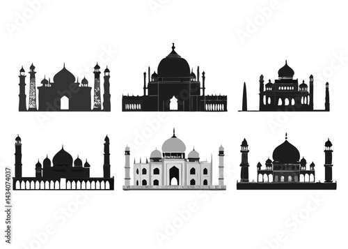 Clean vector artwork of 6 different Taj Mahal silhouettes on white. Perfect for posters, travel guides, and heritage content.