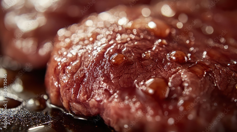 Abstract macro shot of the juice droplets on wagyu steak surface Abstract macro shot of the juice droplets on wagyu steak surface