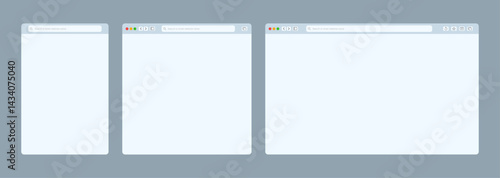 Transparent browser window on blue and violet background. Window internet browser with toolbar and search bar. Blank screen website mockup. Template design for ui, ux, app. Vector illustration
