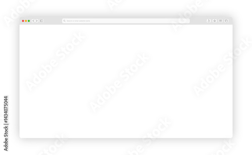 Transparent browser window on blue and violet background. Window internet browser with toolbar and search bar. Blank screen website mockup. Template design for ui, ux, app. Vector illustration