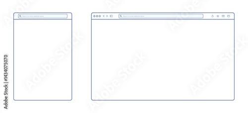 Transparent browser window on blue and violet background. Window internet browser with toolbar and search bar. Blank screen website mockup. Template design for ui, ux, app. Vector illustration