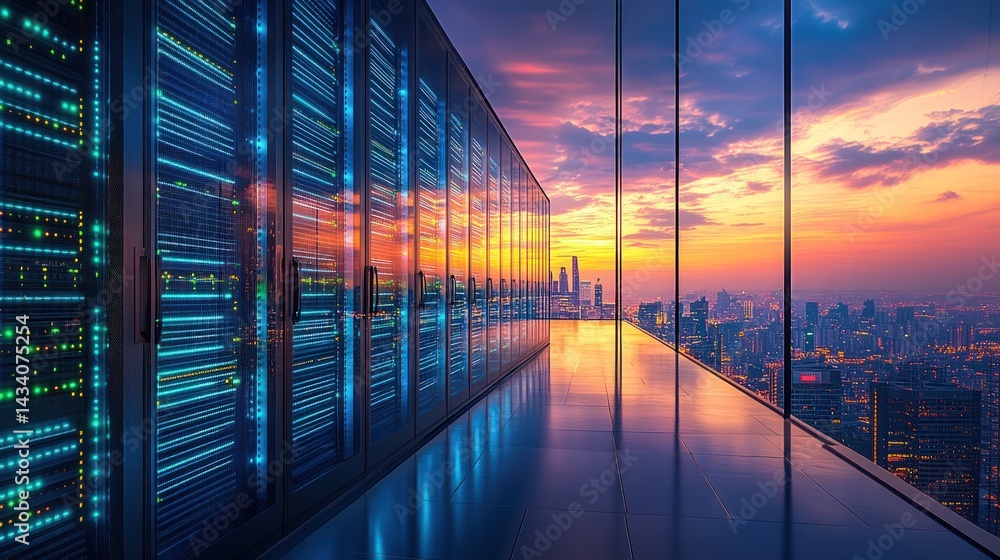 Modern server room with city skyline view Modern server room with city skyline view