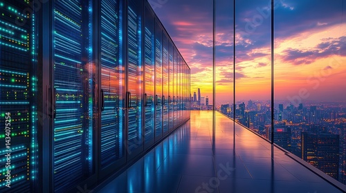 Modern server room with city skyline view