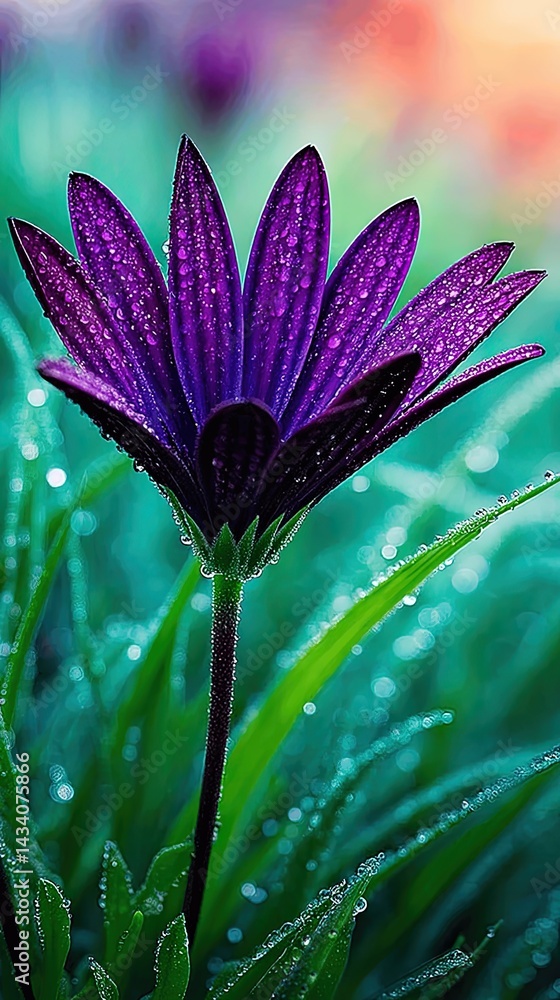 Beautiful Purple Flower in Morning Dew Closeup Nature Photography Capturing Freshness Botanical Garden Vibrant Colors Blossom Macro Floral Wallpaper Inspiration Image