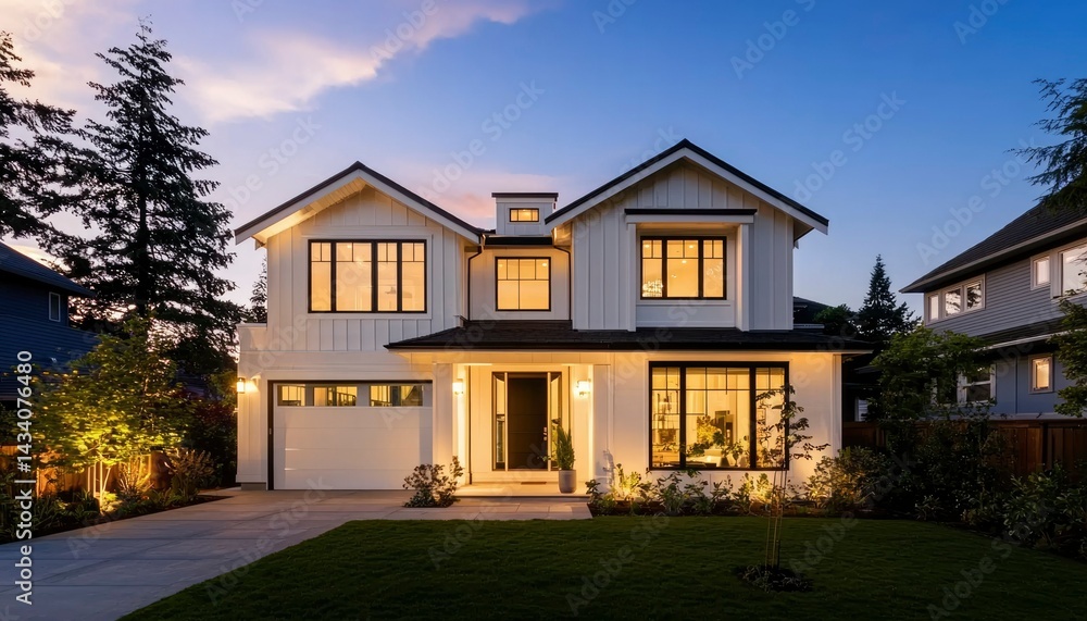 Modern farmhouse home at dusk Modern farmhouse home at dusk