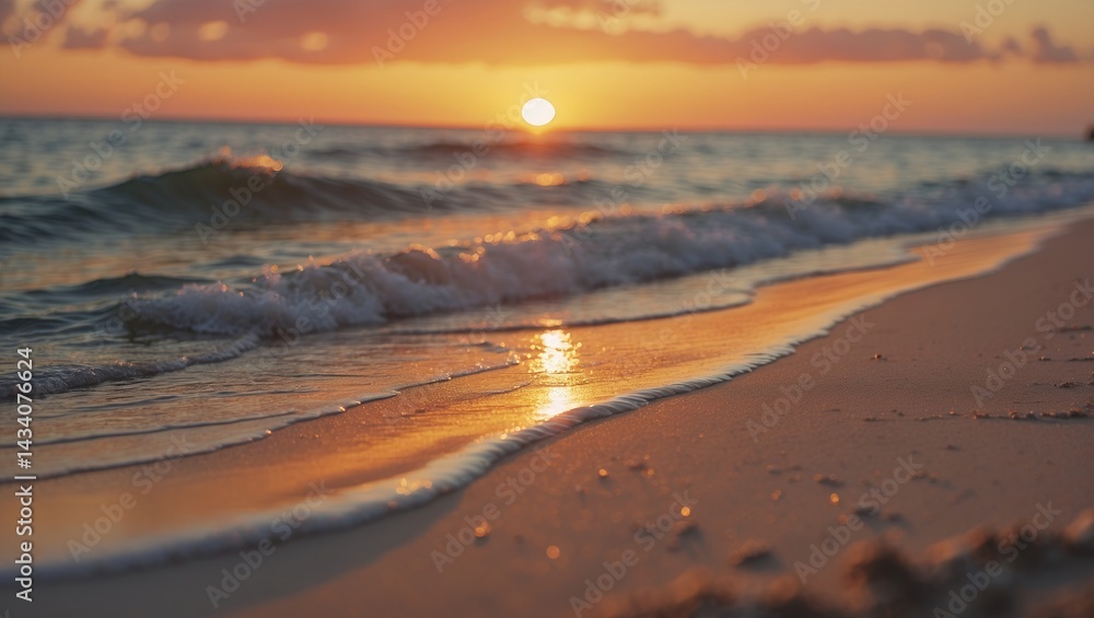 Obraz premium Sunset serenity over golden beach waves