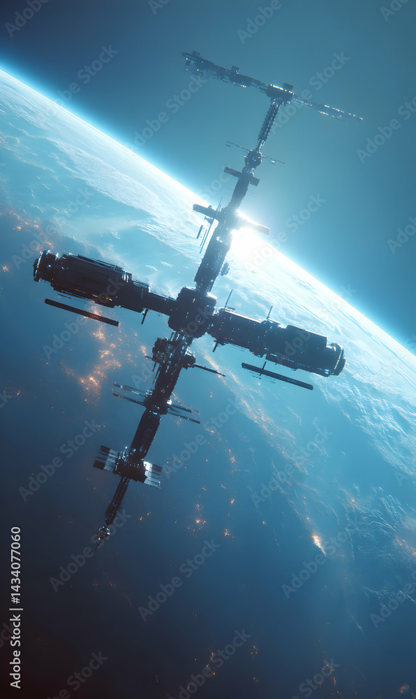 Naklejka premium Futuristic space station ascending above planet earth illuminated with city lights below the atmosphere